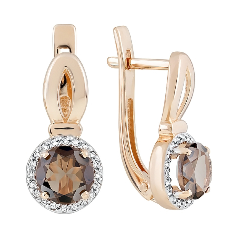 Золотые серьги с раухтопазом и фианитом № 121048