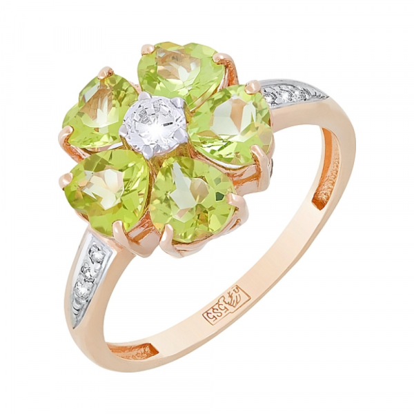 Золотое кольцо с хризолитом и фианитом № 81299