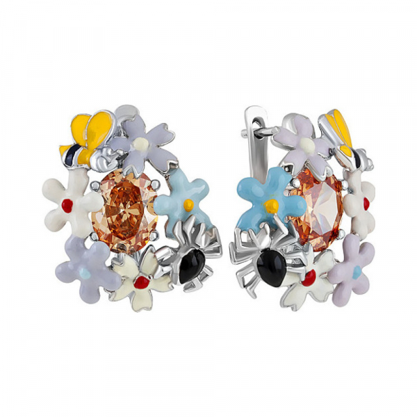 Серебряные серьги с фианитом и эмалью № 106152