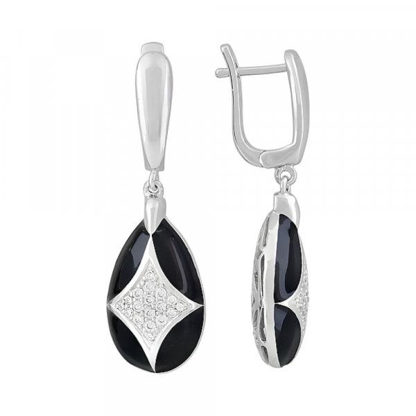 Серебряные серьги с фианитом и эмалью № 115315