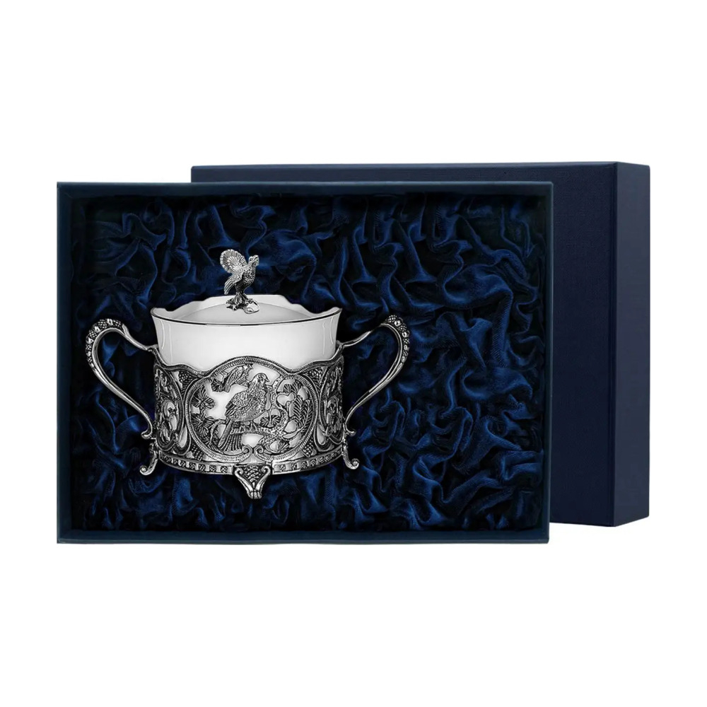 Сахарница Глухариный край с чернением из серебра 925 пробы