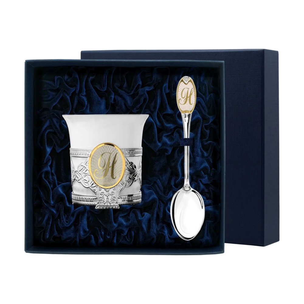 Набор кофейная чашка Август Октавиан: ложка с буквой Н, чашка из серебра 925 пробы