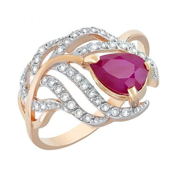 Золотое кольцо с рубином и фианитом № 120362