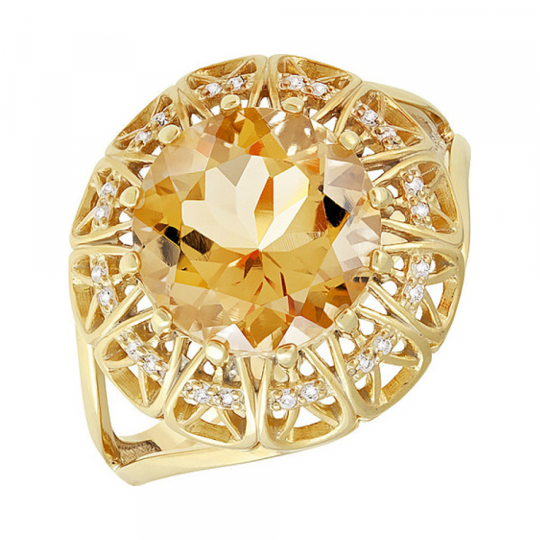 Серебряное кольцо с цитрином, фианитом и золотым покрытием № 133917
