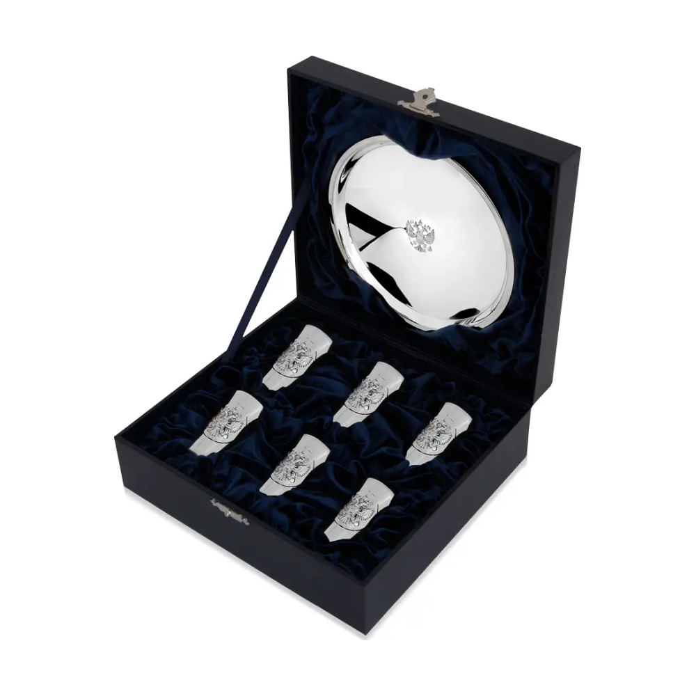 Набор стопок с подносом Герб полированный из серебра 925 пробы