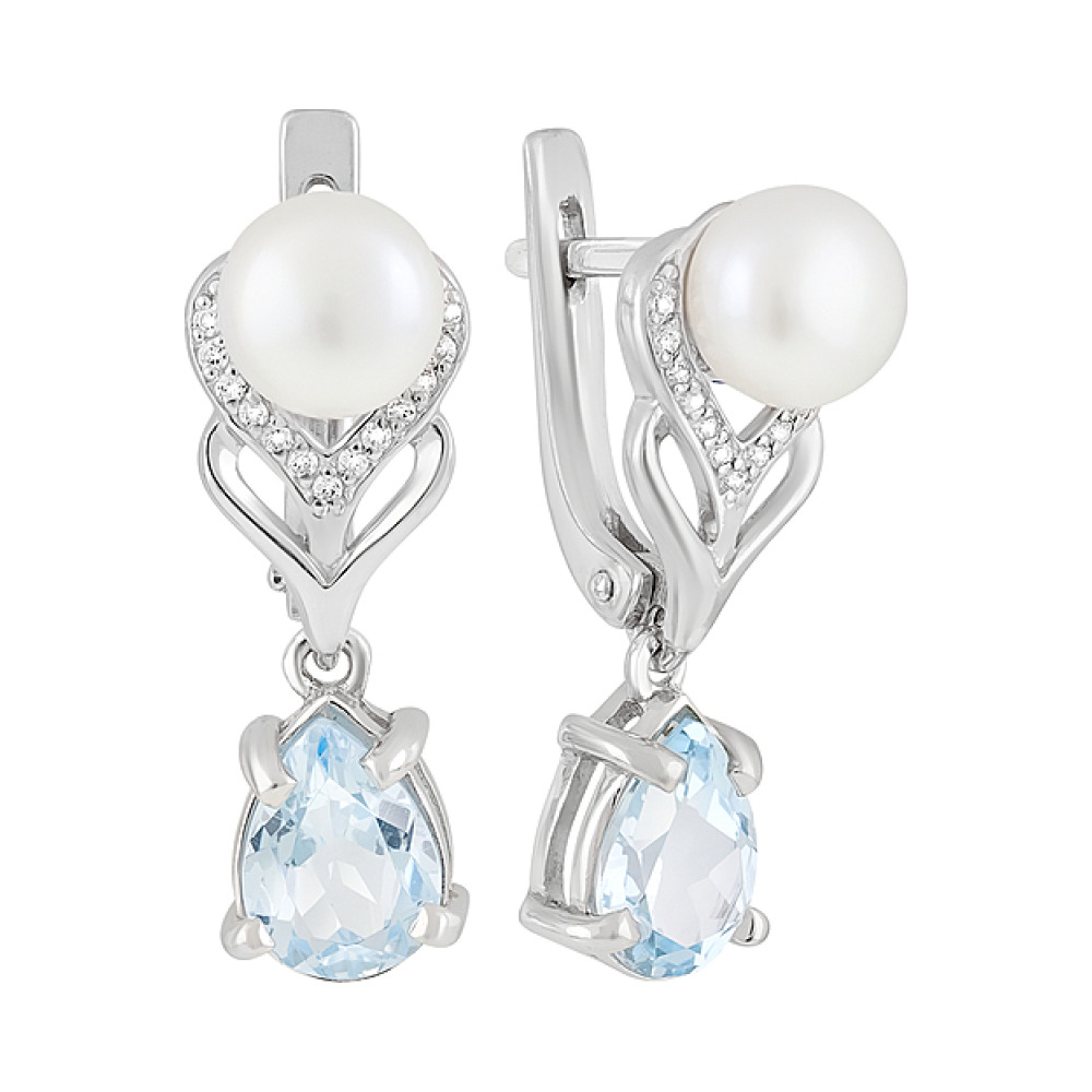 Серебряные серьги с топазом, жемчугом и фианитом № 126636