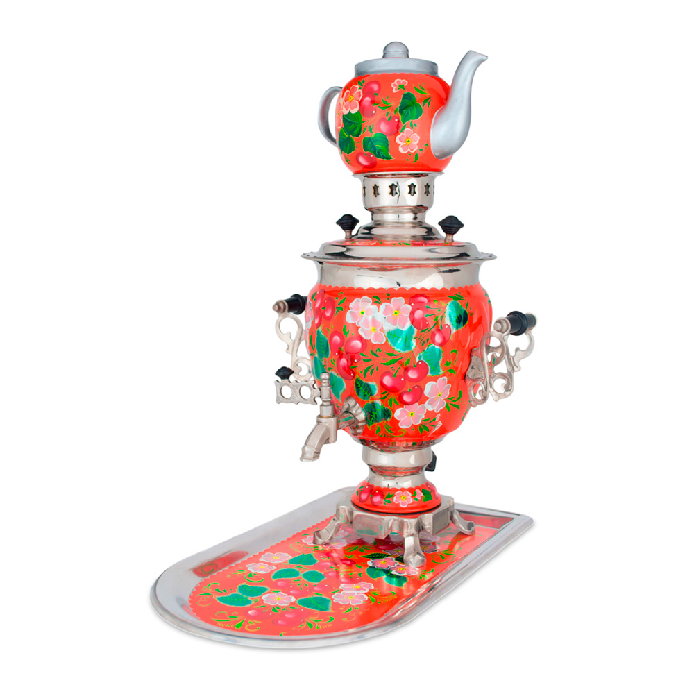 Фотография самовар электрический "желудь", 3 литра, вишневая роспись, с подносом №1
