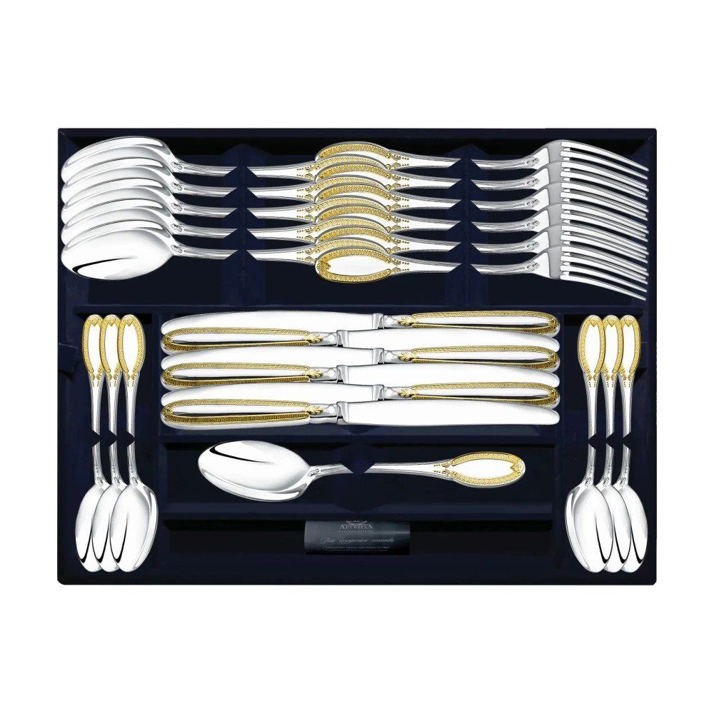 Набор столовый Император с позолотой: вилка, ложка, нож, чайная ложка облегченный из серебра 925 пробы