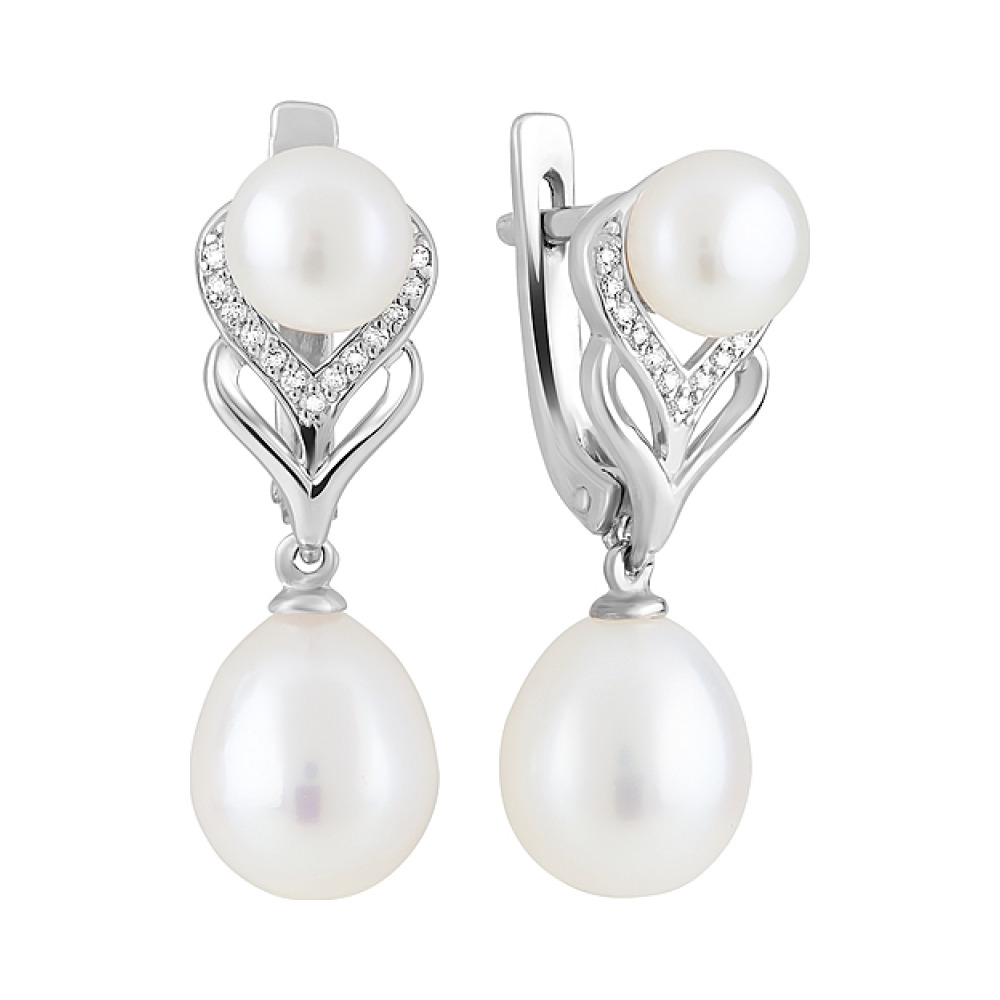 Серебряные серьги с жемчугом и фианитом № 124695