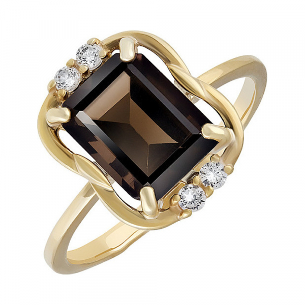 Серебряное кольцо с раухтопазом, фианитом и золотым покрытием № 132616