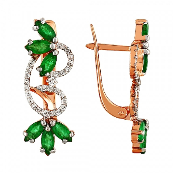 Золотые серьги с бриллиантом и изумрудом № 85885