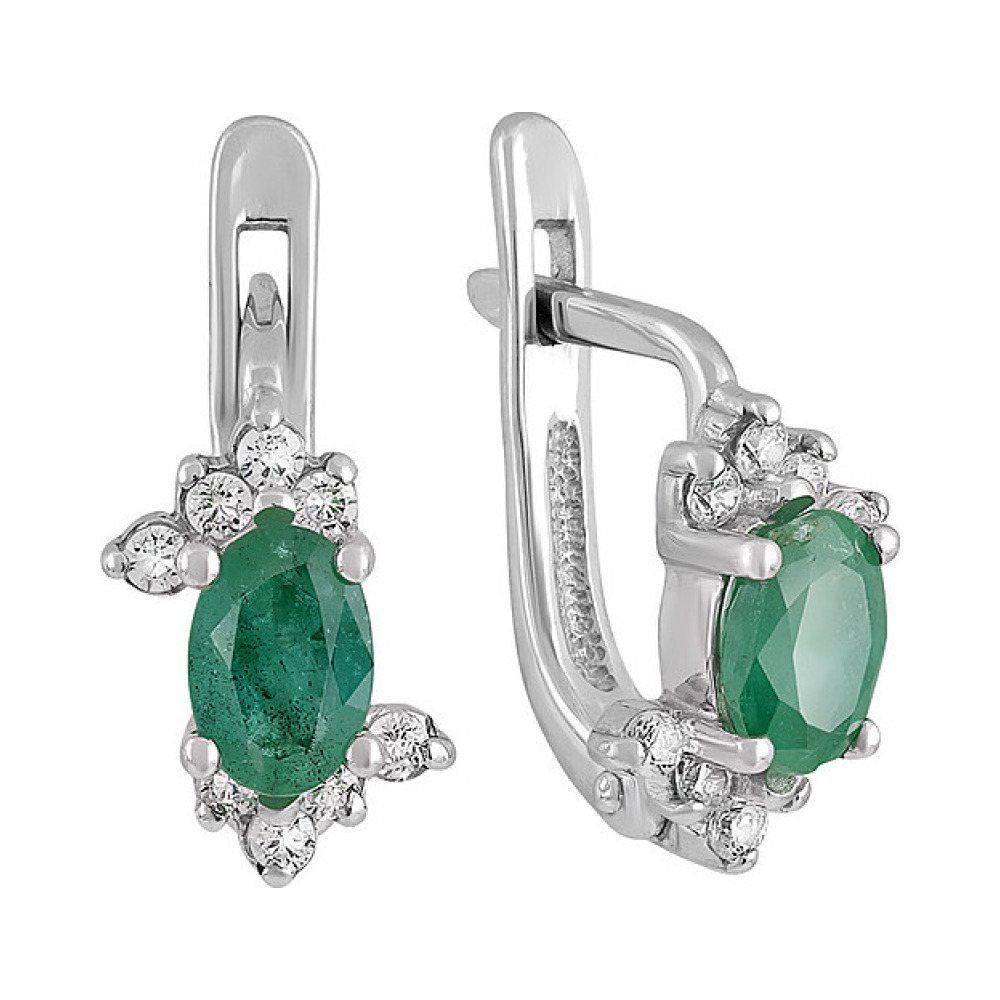 Серебряные серьги с изумрудом и фианитом № 132129
