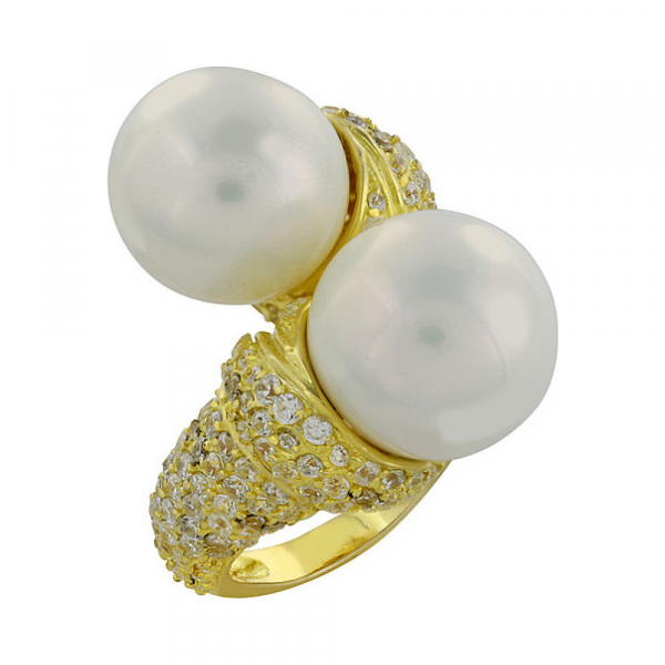 Серебряное кольцо с имитац. жемчуга,фианитом и золот.покр. № 82461