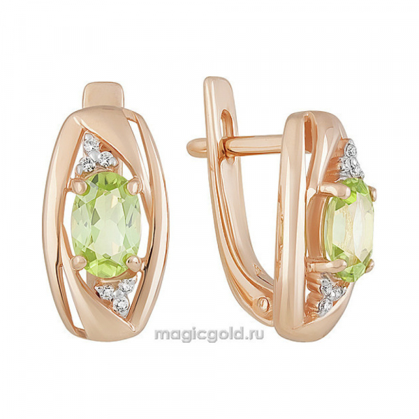 Золотые серьги с хризолитом и фианитом № 158976