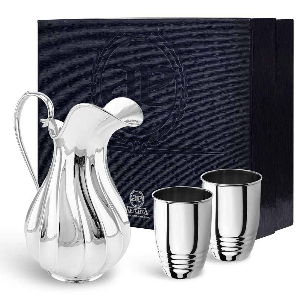 Набор Торче с крышкой : стакан, кувшин в футляре из серебра 925 пробы