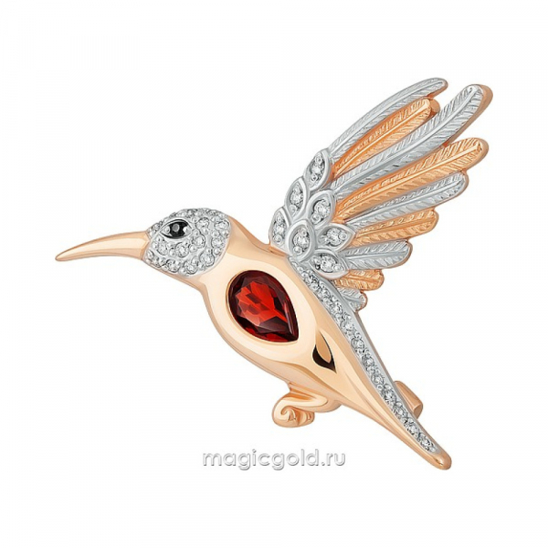 Золотая брошь с гранатом и фианитом № 164296