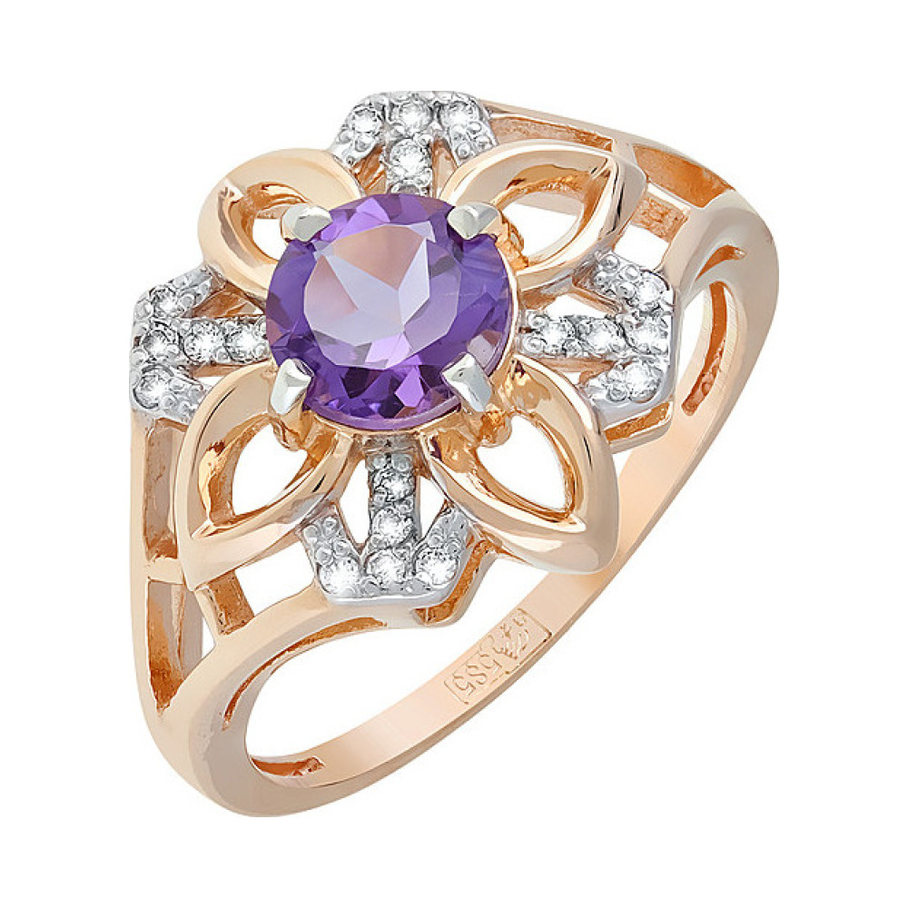 Золотое кольцо с аметистом и фианитом № 119338