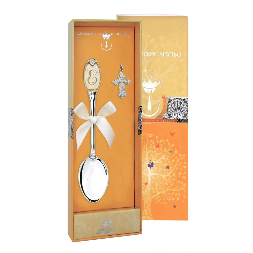 Набор Крестильный: крестик и ложка с буквой Е из серебра 925 пробы