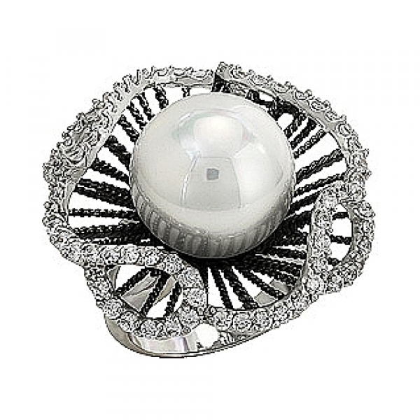 Серебряное кольцо с имитац. жемчуга и фианитом № 80896