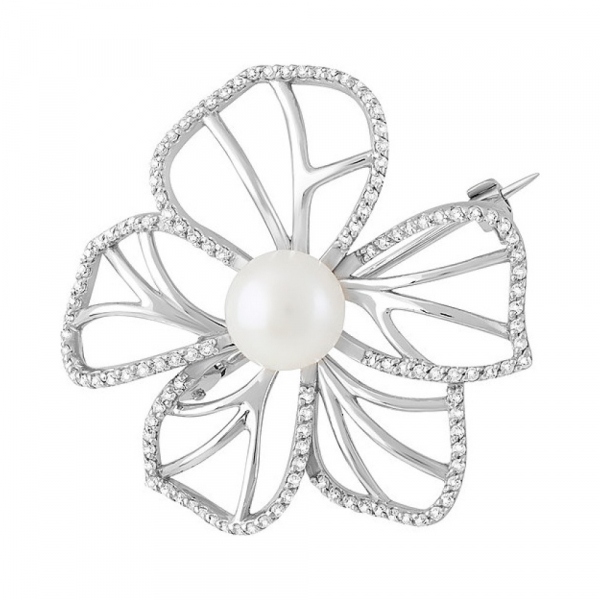 Серебряная брошь с жемчугом и фианитом № 129221