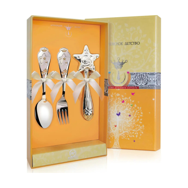 Набор для малышей КД Звезда с позолотой: вилка, ложка, погремушка из серебра 925 пробы