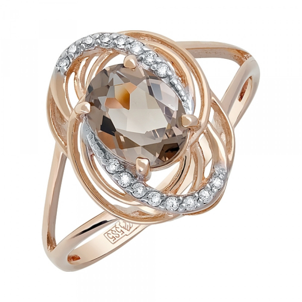 Золотое кольцо с раухтопазом и фианитом № 119699