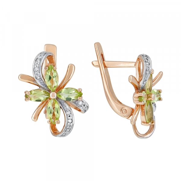 Золотые серьги с хризолитом и фианитом № 105116