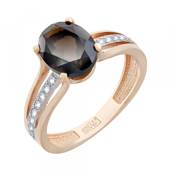 Золотое кольцо с раухтопазом и фианитом № 95830