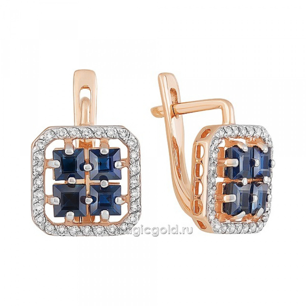 Золотые серьги с бриллиантом и сапфиром № 159081