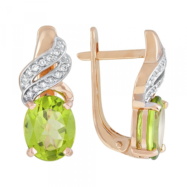 Золотые серьги с хризолитом и фианитом № 119382