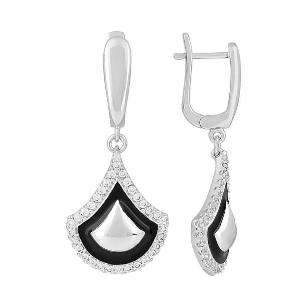 Серебряные серьги с фианитом и эмалью № 115232