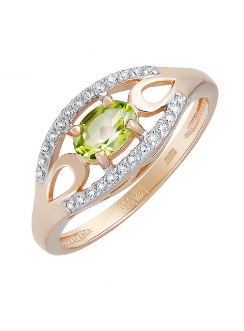 Золотое кольцо с хризолитом и фианитом № 131681