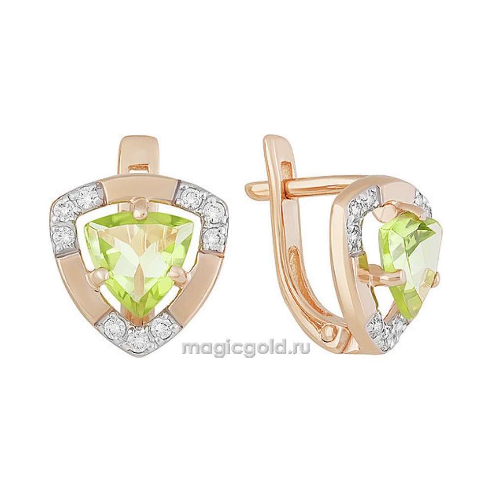 Золотые серьги с хризолитом и фианитом № 142194