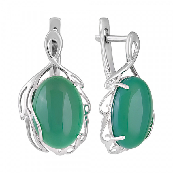Серебряные серьги с зелёным ониксом и фианитом № 128117
