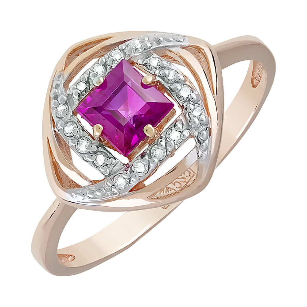 Золотое кольцо с бриллиантом и рубином № 120390