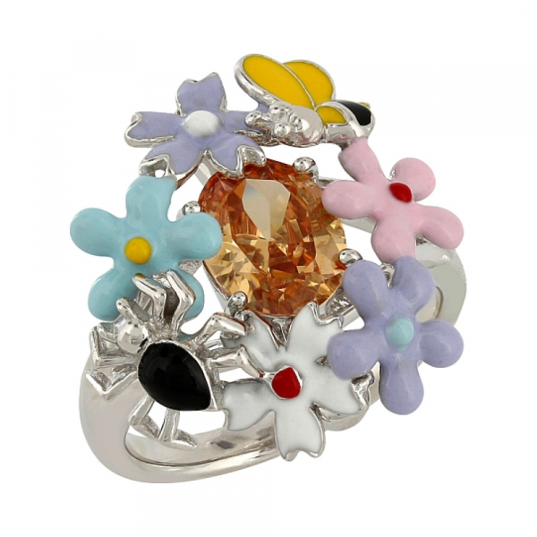 Серебряное кольцо с фианитом и эмалью № 106165