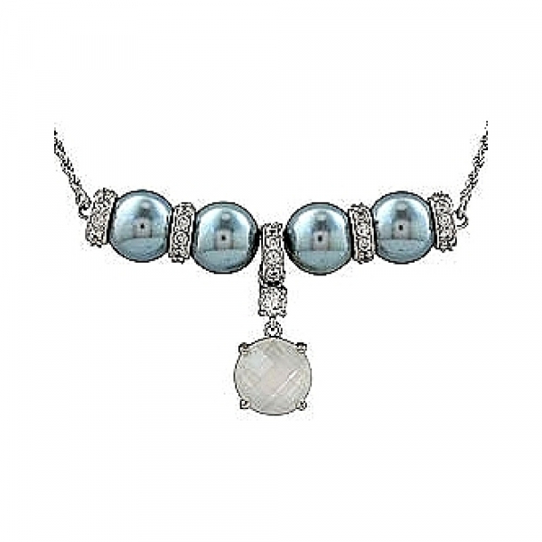 Серебряное колье с фианитом и имитац. жемчуга № 70676