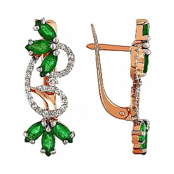 Золотые серьги с бриллиантом и изумрудом № 97867