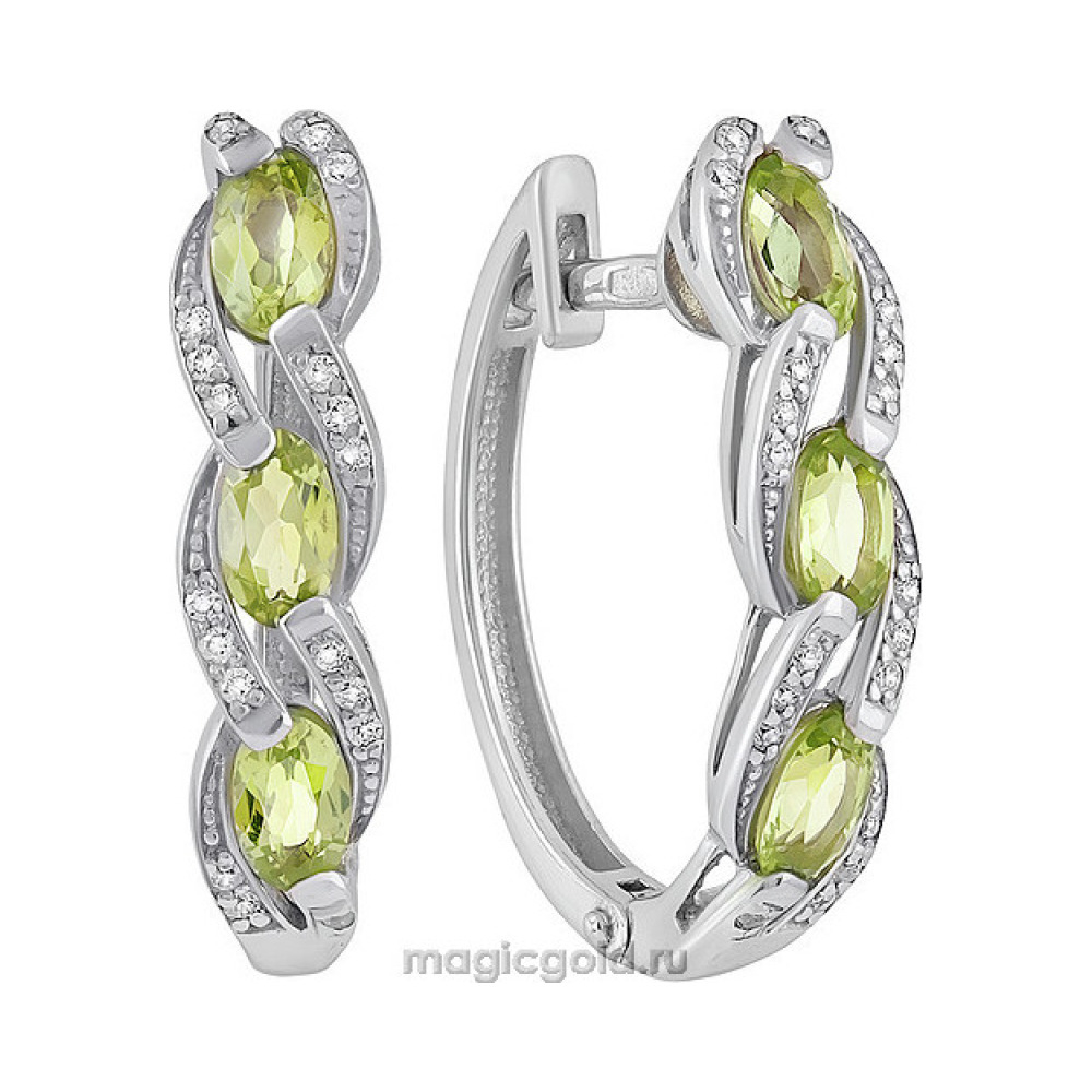 Серебряные серьги с хризолитом и фианитом № 140130