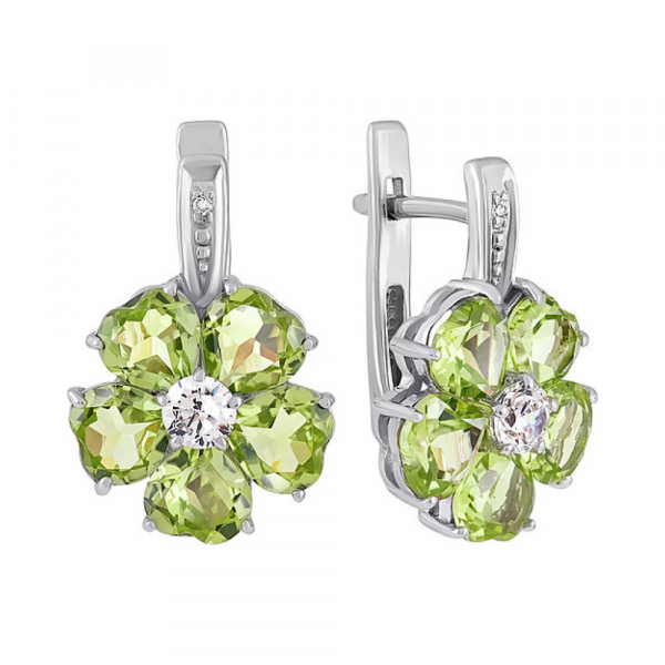 Серебряные серьги с хризолитом и фианитом № 132327