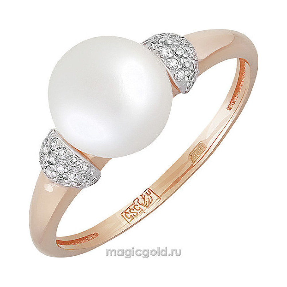 Золотое кольцо с жемчугом и фианитом № 151367