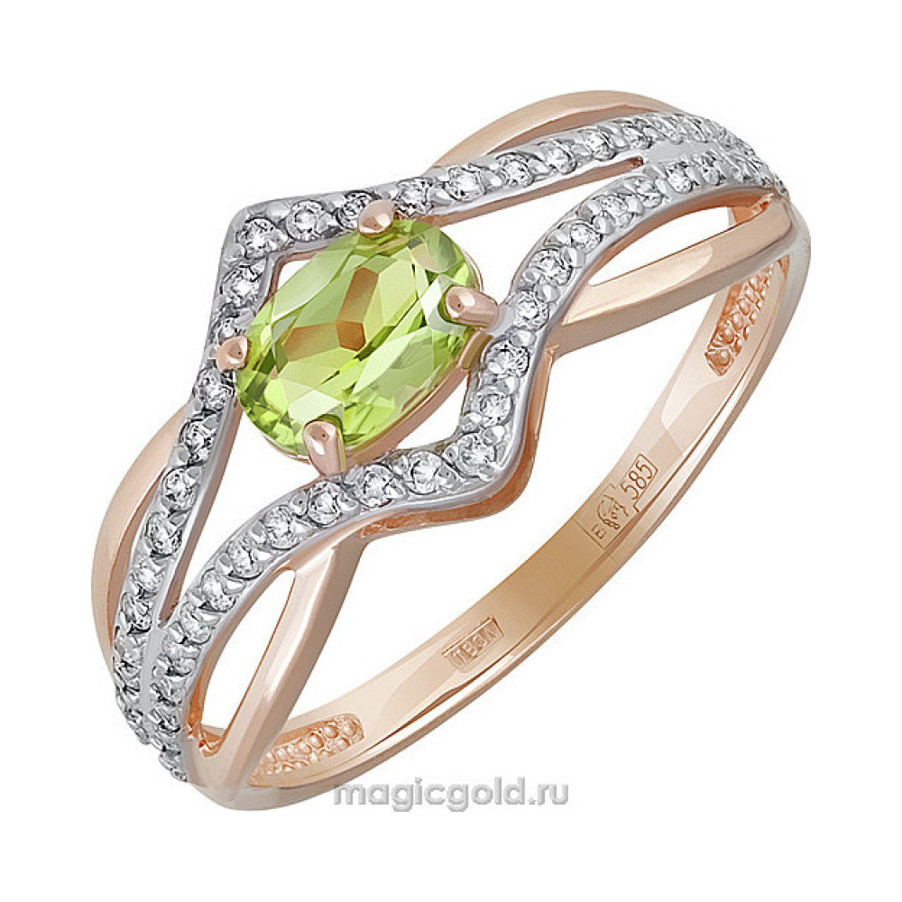Золотое кольцо с хризолитом и фианитом № 141336