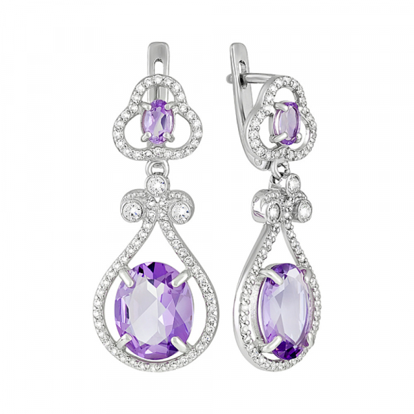 Серебряные серьги с аметистом и фианитом № 129226