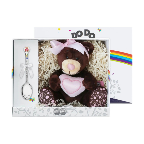 Набор для малышей DODO Медвежонок: игрушка и ложка с позолотой и с эмалью, розовый из серебра 925 пробы