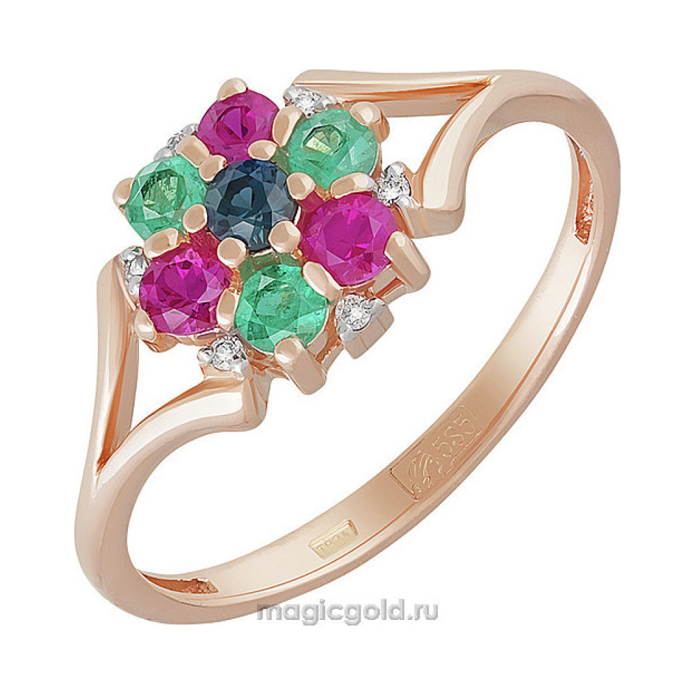 Золотое кольцо с драгоценными вставками и бриллиантом № 156444