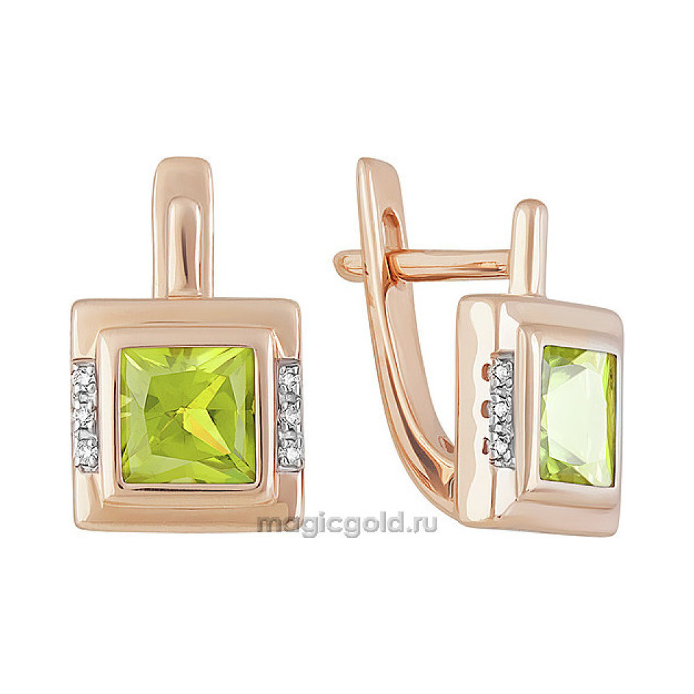 Золотые серьги с хризолитом и фианитом № 160588
