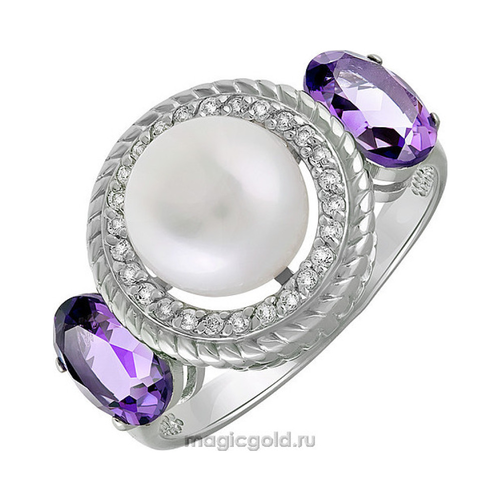 Серебряное кольцо с аметистом жемчугом и фианитом № 135335