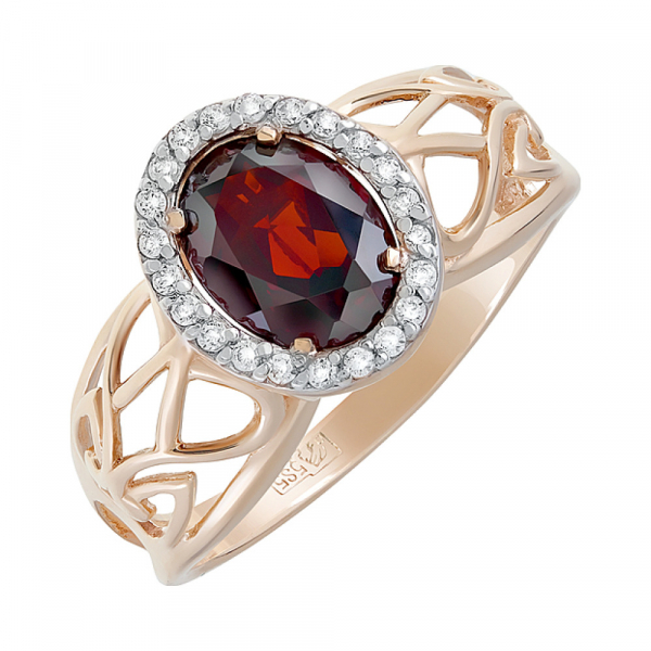 Золотое кольцо с гранатом и фианитом № 122856