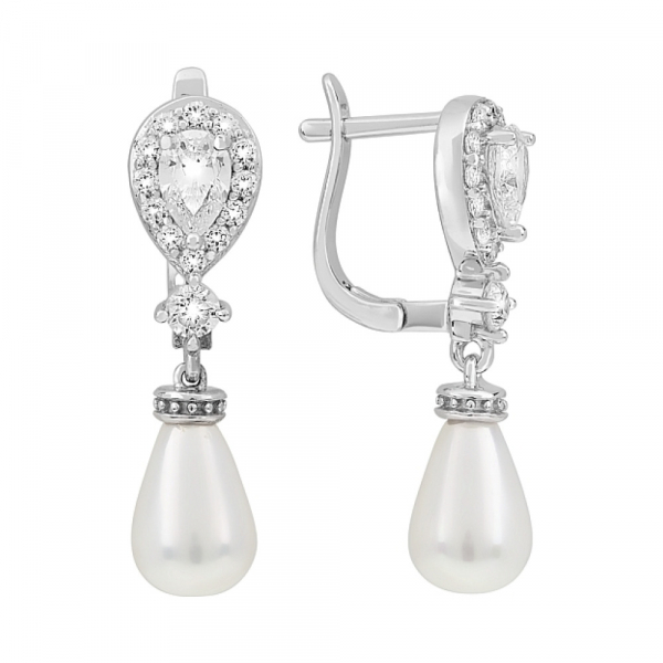 Серебряные серьги с имитац.жемчуга и фианитами № 117466