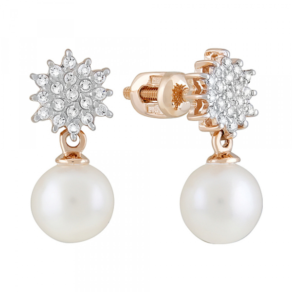 Золотые серьги с жемчугом и фианитом № 126351